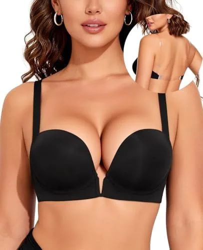 ybcg backless bra with clear straps and back halter covertible plunge push up padded add a cup underwire bras for women black 36dd