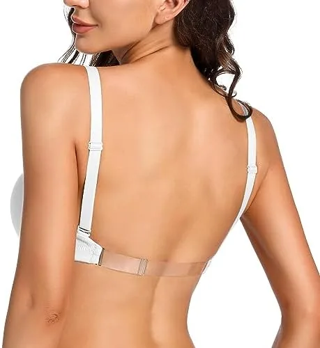 ybcg plunge bra with clear back straps backless deep v convertible push up padded add 2 cup low cut underwire for women white 38c