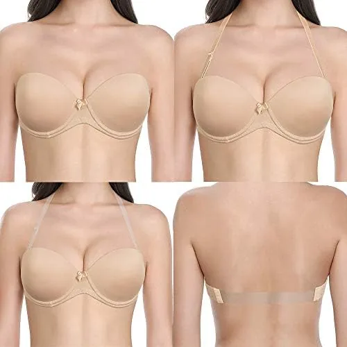 ybcg womens strapless push up padded convertible multiway underwire bra with clear strap for dance wedding party beige 34c